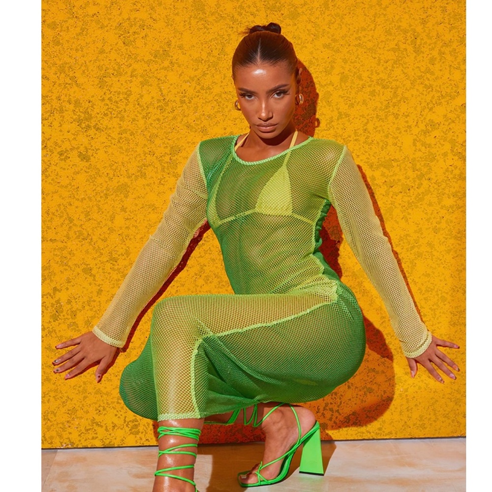 PrettyLittleThing Green Ombre Micro Fishnet Long Sleeve Maxi Beach Dress